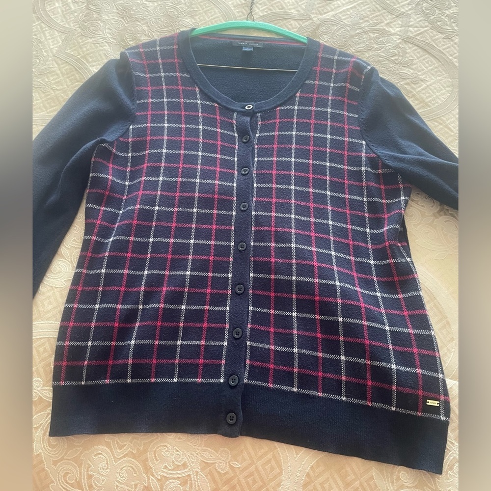 Tommy Hilfiger Cardigan Sweater Womens M Navy Blue White Red